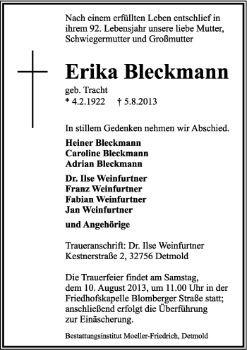 Anzeige  Erika Bleckmann  Lippische Landes-Zeitung