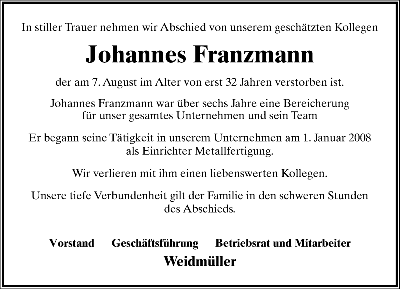  Traueranzeige für Johannes Franzmann vom 23.08.2014 aus Lippische Landes-Zeitung