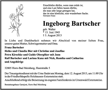 Anzeige  Ingeborg Bartscher  Lippische Landes-Zeitung