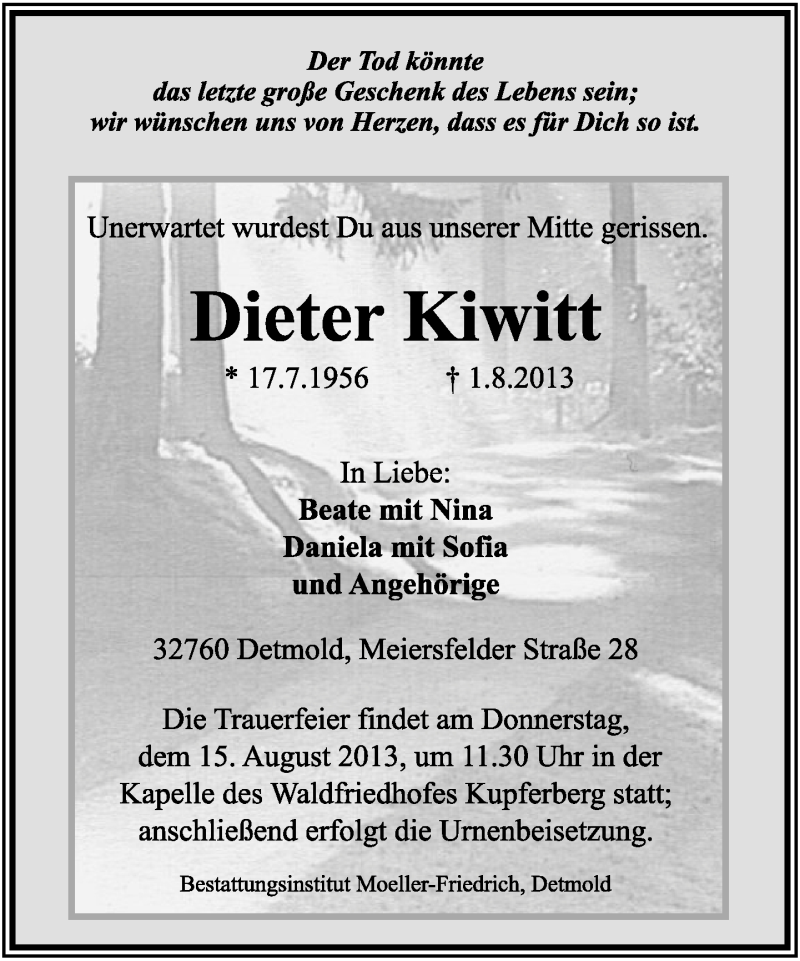  Traueranzeige für Dieter Kiwitt vom 10.08.2013 aus Lippische Landes-Zeitung