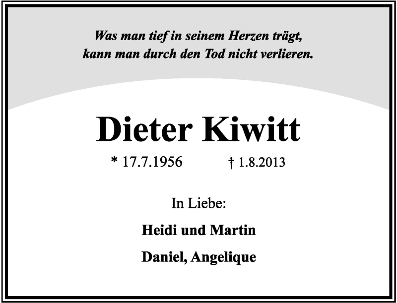  Traueranzeige für Dieter Kiwitt vom 10.08.2013 aus Lippische Landes-Zeitung