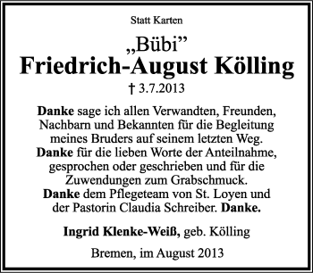 Anzeige  Friedrich-August Kölling  Lippische Landes-Zeitung