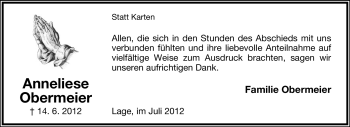Anzeige  Anneliese Obermeier  Lippische Landes-Zeitung