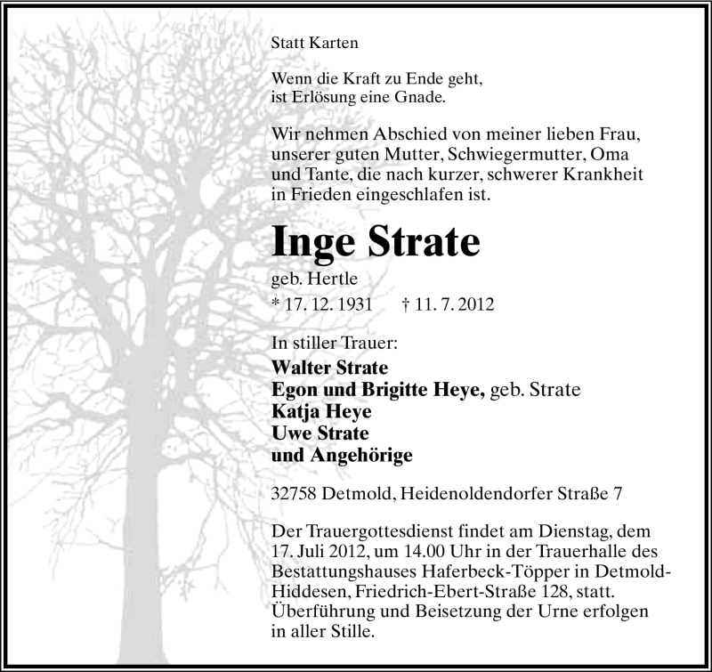  Traueranzeige für Inge Strate vom 14.07.2012 aus Lippische Landes-Zeitung