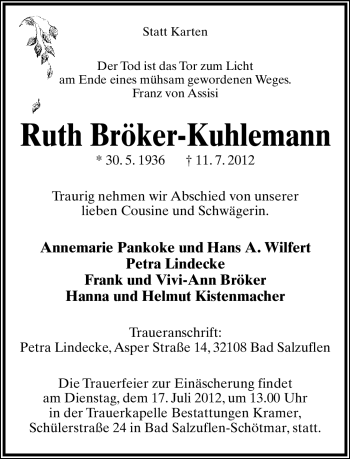 Anzeige  Ruth Bröker-Kuhlemann  Lippische Landes-Zeitung