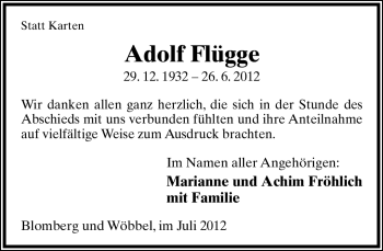 Anzeige  Adolf Flügge  Lippische Landes-Zeitung