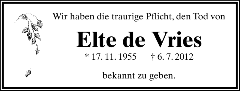  Traueranzeige für Elte de Vries vom 14.07.2012 aus Lippische Landes-Zeitung