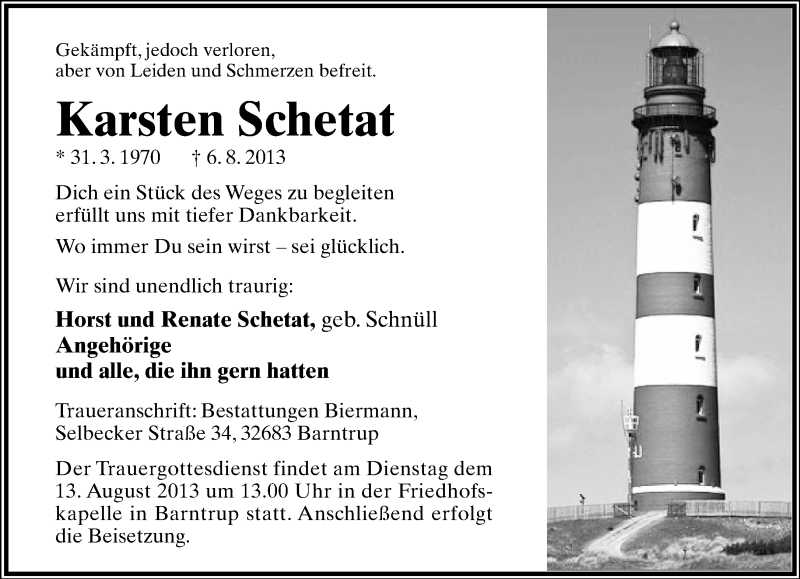  Traueranzeige für Karsten Schetat vom 09.08.2013 aus Lippische Landes-Zeitung