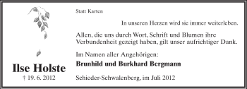 Anzeige  Ilse Holste  Lippische Landes-Zeitung