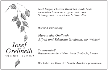 Anzeige  Josef Grellneth  Lippische Landes-Zeitung