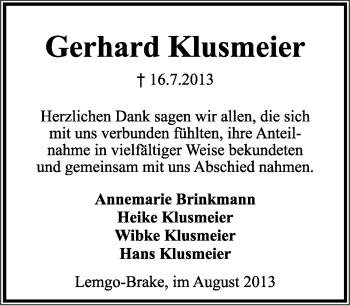 Anzeige  Gerhard Klusmeier  Lippische Landes-Zeitung