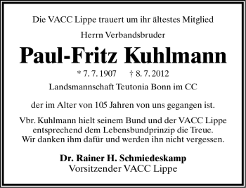 Anzeige  Paul-Fritz Kuhlmann  Lippische Landes-Zeitung