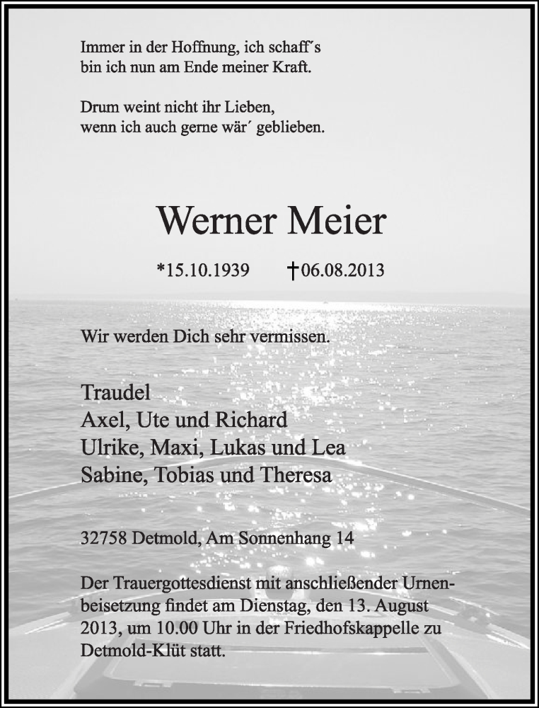  Traueranzeige für Werner Meier vom 09.08.2013 aus Lippische Landes-Zeitung