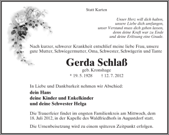 Anzeige  Gerda Schlaß  Lippische Landes-Zeitung