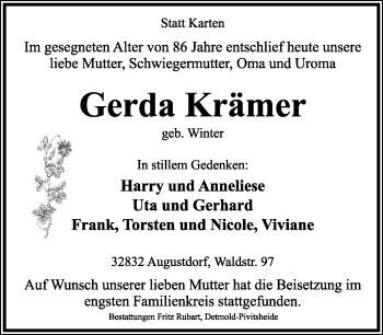 Anzeige  Gerda Krämer  Lippische Landes-Zeitung