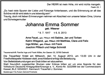 Anzeige  Johanna Emma Sommer  Lippische Landes-Zeitung
