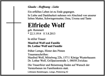 Anzeige  Elfriede Wolf  Lippische Landes-Zeitung