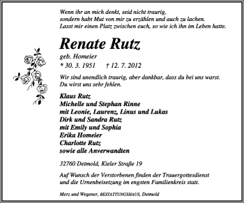 Anzeige  Renate Rutz  Lippische Landes-Zeitung