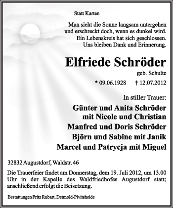 Anzeige  Elfriede Schröder  Lippische Landes-Zeitung