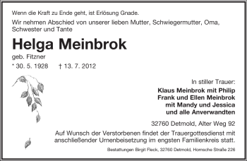 Anzeige  Helga Meinbrok  Lippische Landes-Zeitung