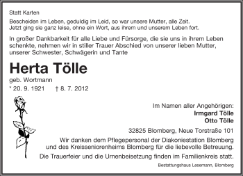 Anzeige  Herta Tölle  Lippische Landes-Zeitung