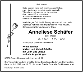 Anzeige  Anneliese Schäfer  Lippische Landes-Zeitung