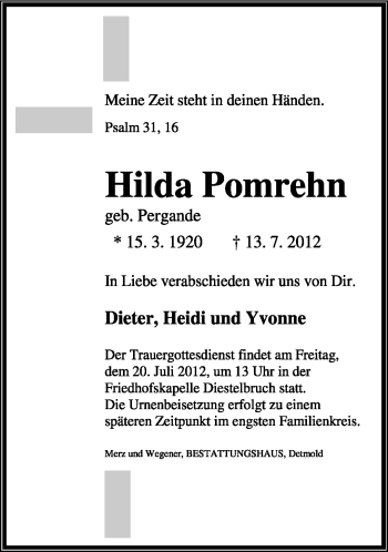 Anzeige  Hilda Pomrehn  Lippische Landes-Zeitung