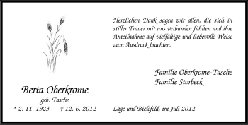 Anzeige  Berta Oberkrome  Lippische Landes-Zeitung