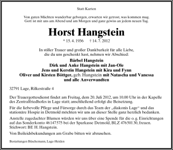 Anzeige  Horst Hangstein  Lippische Landes-Zeitung