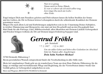 Anzeige  Gertrud Fröhle  Lippische Landes-Zeitung
