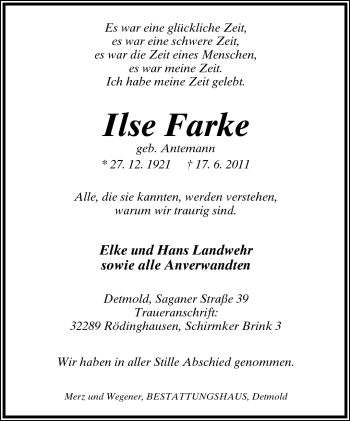 Anzeige  Ilse Farke  Lippische Landes-Zeitung