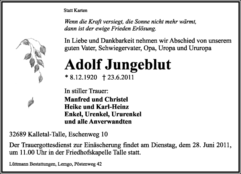  Traueranzeige für Adolf Jungblut vom 25.06.2011 aus Lippische Landes-Zeitung