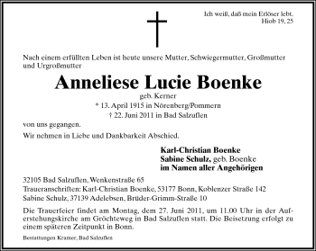 Anzeige  Anneliese Lucie Boenke  Lippische Landes-Zeitung