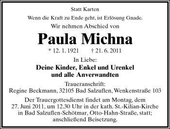 Anzeige  Paula Michna  Lippische Landes-Zeitung