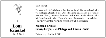 Anzeige  Lona Kränkel  Lippische Landes-Zeitung