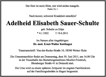 Anzeige  Adelheid Elisabeth Sauer-Schulte  Lippische Landes-Zeitung