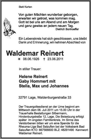 Anzeige  Waldemar Reinert  Lippische Landes-Zeitung