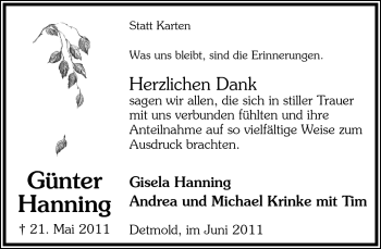 Anzeige  Günter Hanning  Lippische Landes-Zeitung