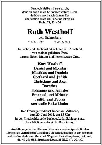 Anzeige  Ruth Westhoff  Lippische Landes-Zeitung