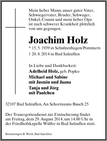 Anzeige  Joachim Holz  Lippische Landes-Zeitung