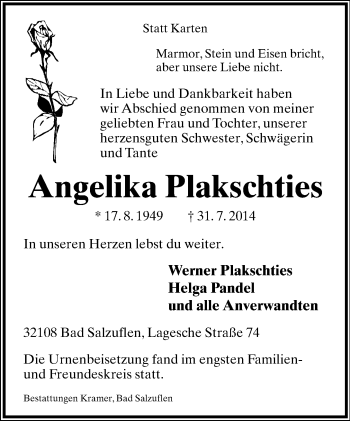 Anzeige  Angelika Plakschties  Lippische Landes-Zeitung
