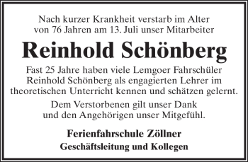 Anzeige  Reinhold Schönberg  Lippische Landes-Zeitung