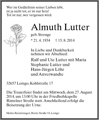 Anzeige  Almuth Lutter  Lippische Landes-Zeitung