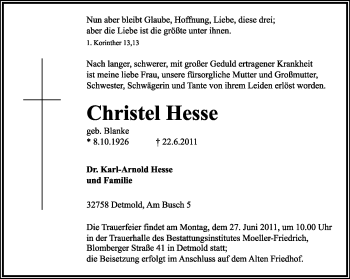 Anzeige  Christel Hesse  Lippische Landes-Zeitung