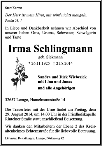 Anzeige  Irma Schlingmann  Lippische Landes-Zeitung