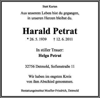 Anzeige  Harald Petrat  Lippische Landes-Zeitung