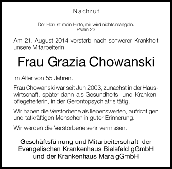 Anzeige  Grazia Chowanski  Lippische Landes-Zeitung