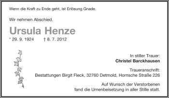 Anzeige  Ursula Henze  Lippische Landes-Zeitung