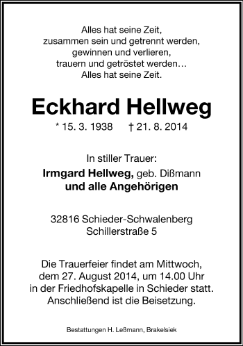 Anzeige  Eckhard Hellweg  Lippische Landes-Zeitung
