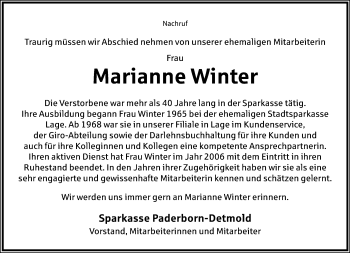 Anzeige  Marianne Winter  Lippische Landes-Zeitung